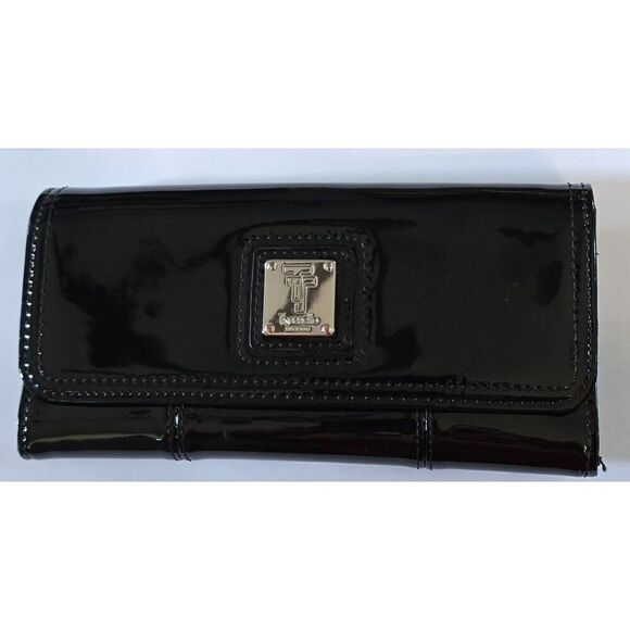 Tignanello Black Patent Leather Wallet With Colorful Striped Interior - Picture 1 of 9